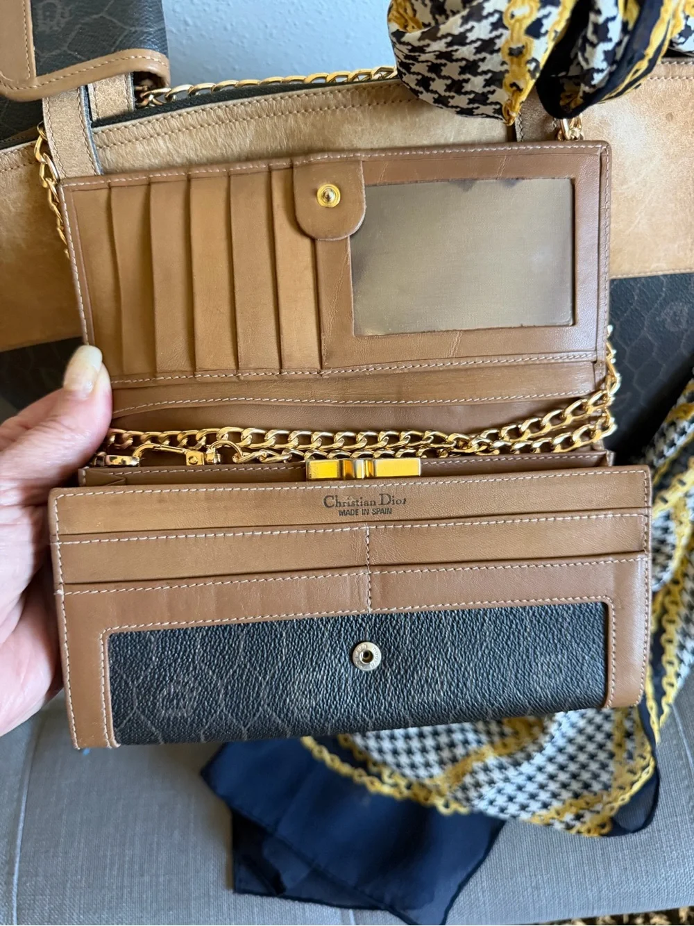 Dior Black Honeycomb & Tan Leather Vintage Tote, Long Wallet, Pouch & Scarf Set! - Picture 4 of 16